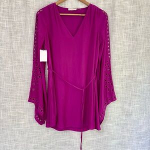 NEW Ramy Brook Molly Eyelet Mini Dress Flare Sleeves Beaded Purple Extra Small